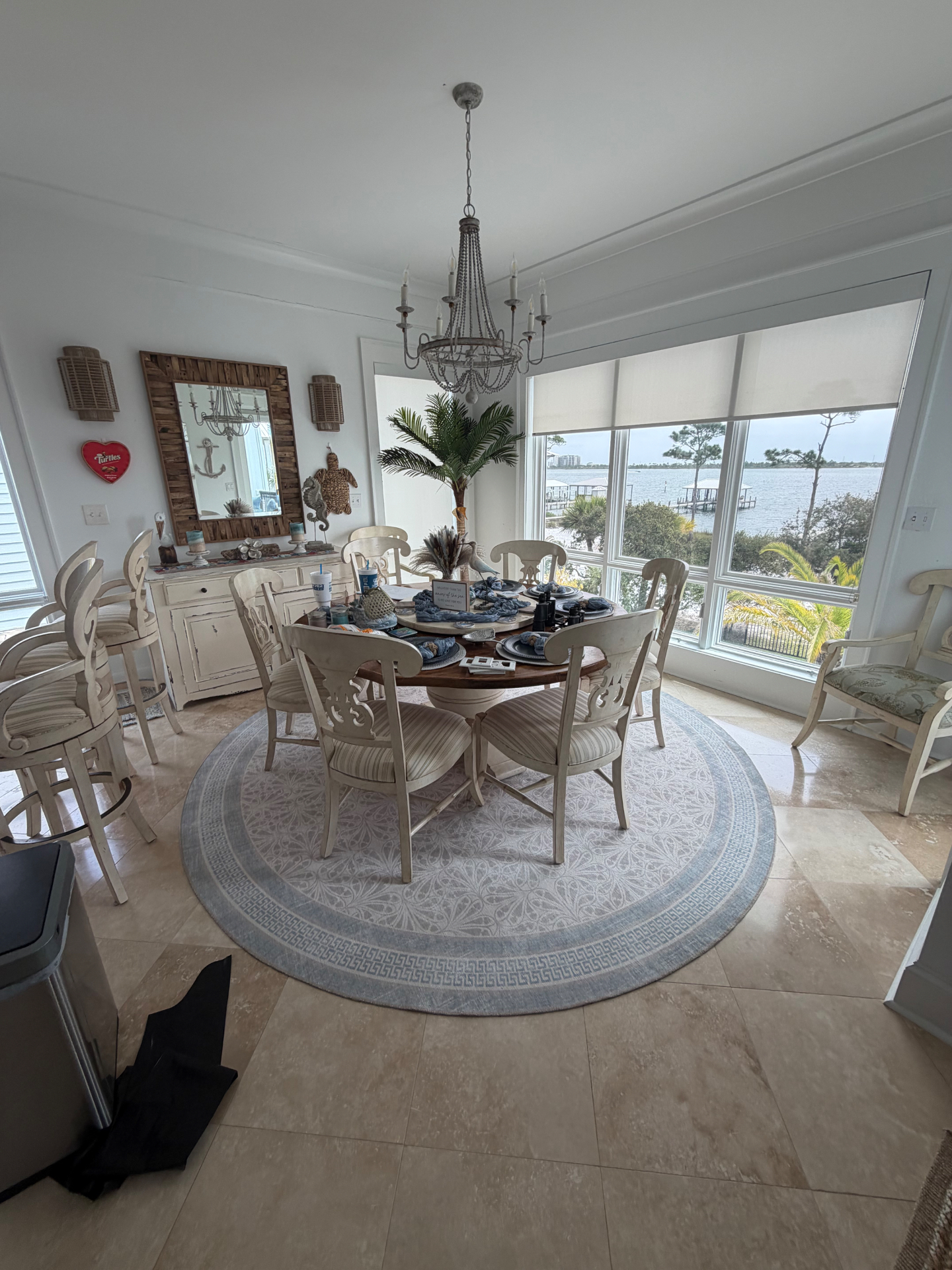 Sunny dining area set for guests